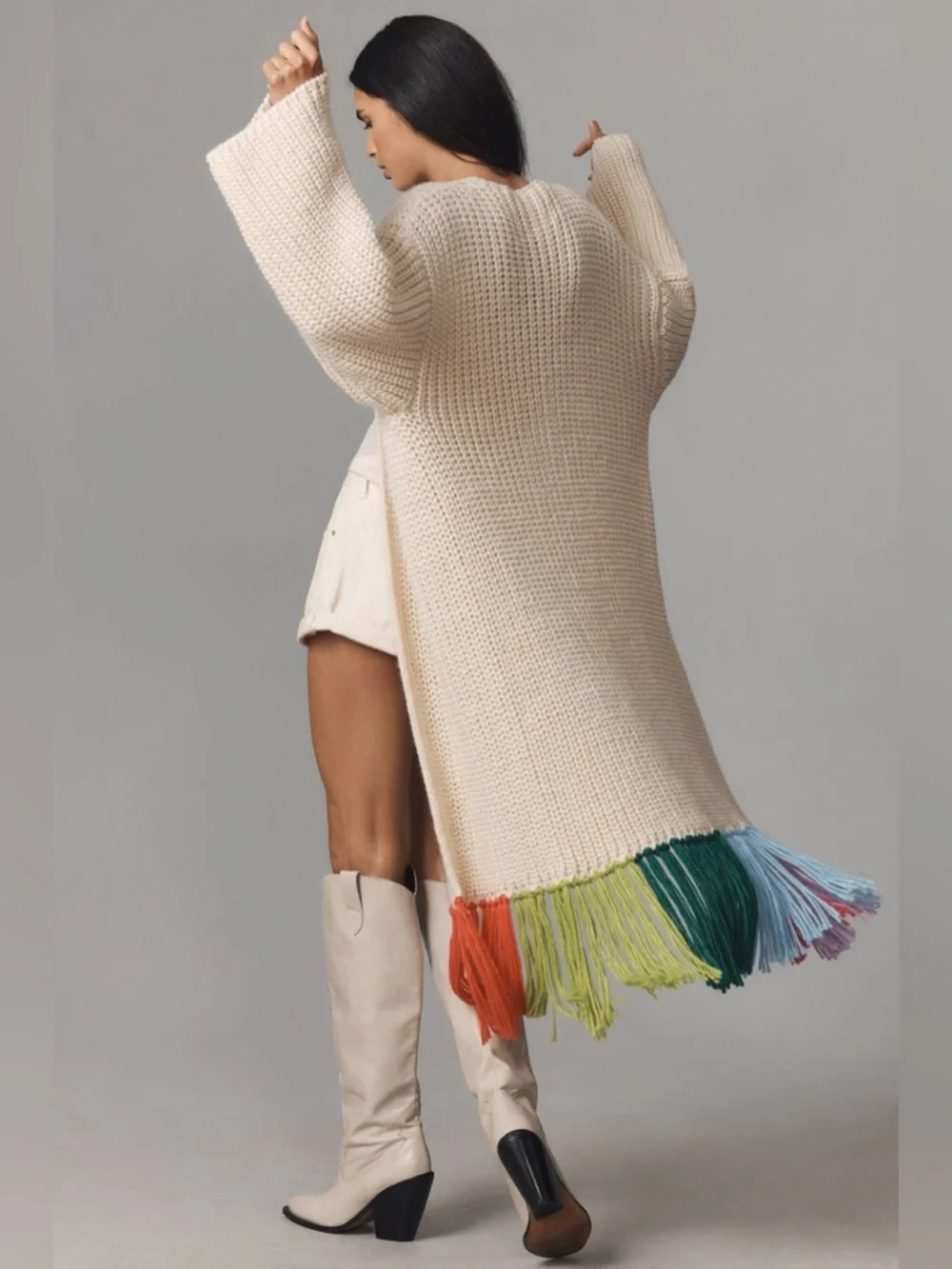 By Anthropologie Long Cardigan + Scarf Set Ivory Rainbow Fringe One Size